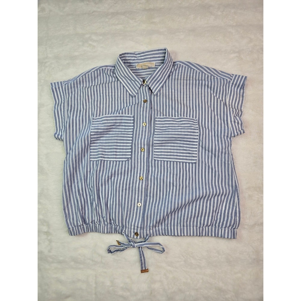 Michael Kors Blue‎ White Striped Tie Front Button Down Shirt M Resortwear